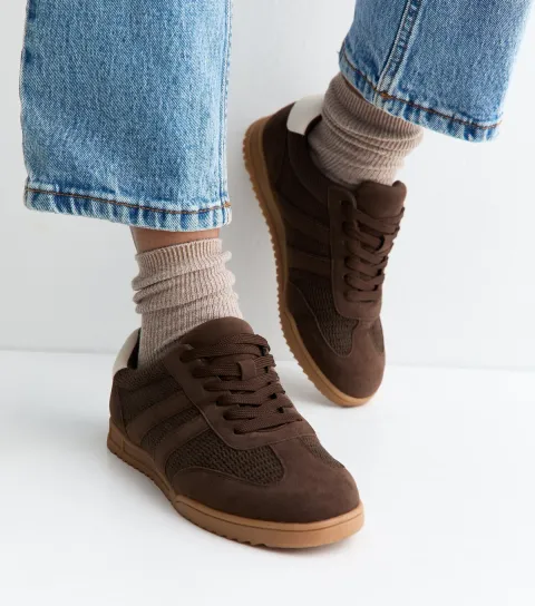 Women's Brown Faux Suede Lace Up Low Top Trainers Vegan