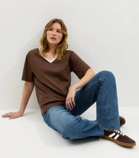 Women's Dark Brown V-Neck Football T-Shirt