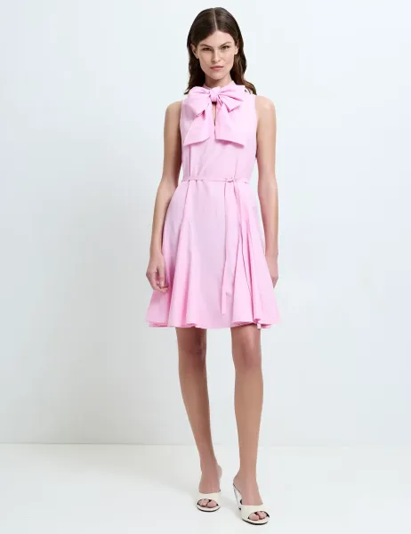French Connection Cotton Blend Tie Neck Pleated Mini Skater Dress Pink