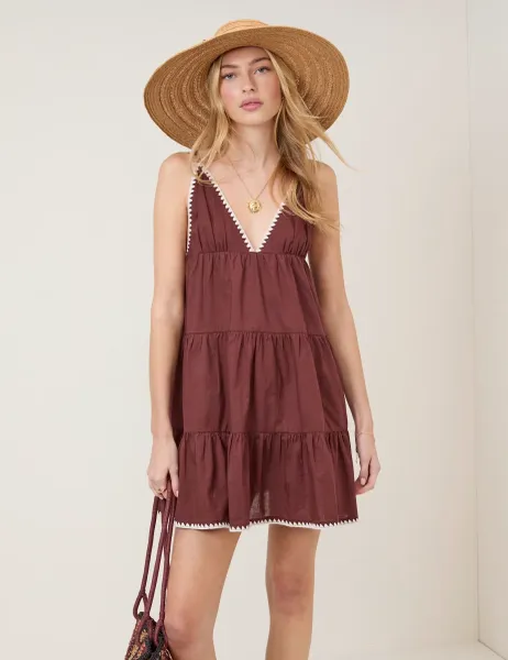 Nobody's Child Pure Cotton Tiered Mini Smock Beach Dress Brown