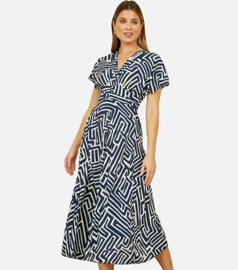 Women's Navy Geometric Ruched Waist Midi Dress