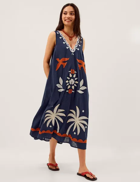 Monsoon Pure Cotton Embroidered Midi Shift Dress Navy Mix