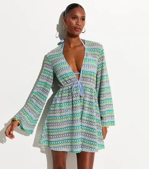 Women's Blue Crochet Flared Sleeve Kaftan Beach Dress