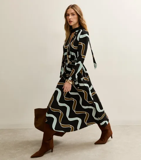 Women's Light Blue and Brown Ribbon Long Sleeve Pussybow Midi Dress