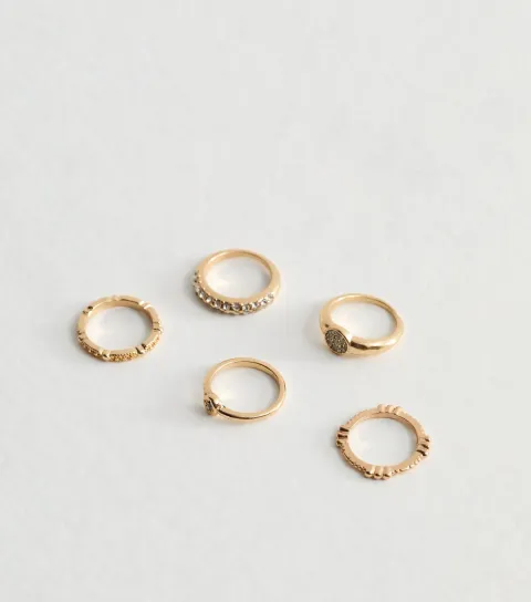 Pack of 5 Gold Tone Diamanté Rings