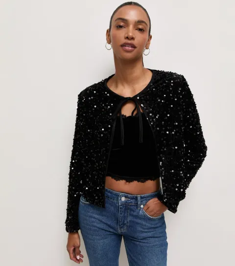 New Look Women's Dark Burgundy Sequin Front Tie Jacket