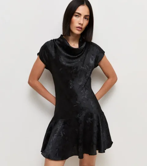 New Look Women's Black Satin Jacquard Cowl Neck Skater Mini Dress