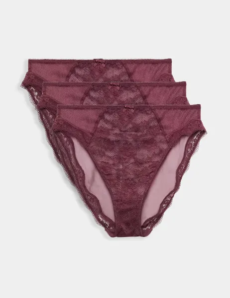 Marks & Spencer 3pk Jasmine Lace High Waisted High Leg Knickers Dark Wine