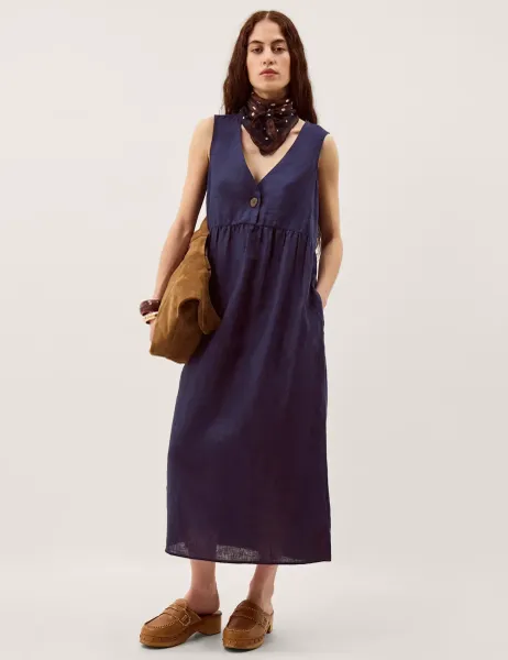 Monsoon Pure Linen V-Neck Midi Column Dress Navy