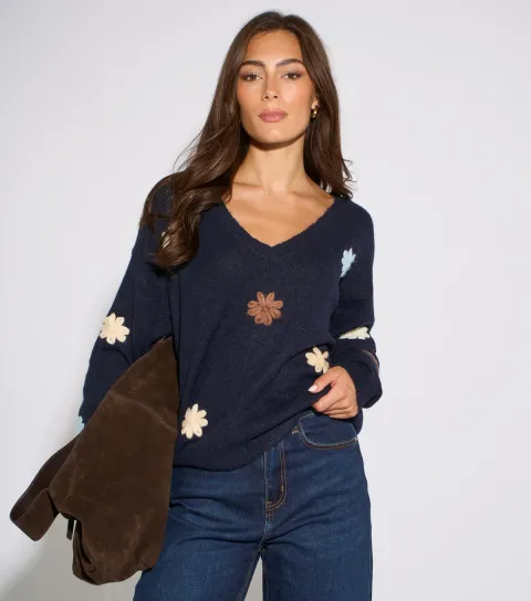 Women's Navy Crochet Flowers Knitted Jumper