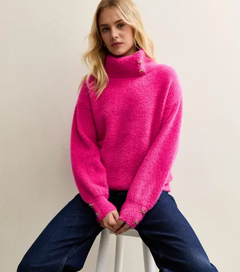 Women's Mid Pink Fluffy Roll Neck Jumper