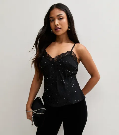 New Look Women's Petite Black Lace Trim Gem Embellished Cami Top