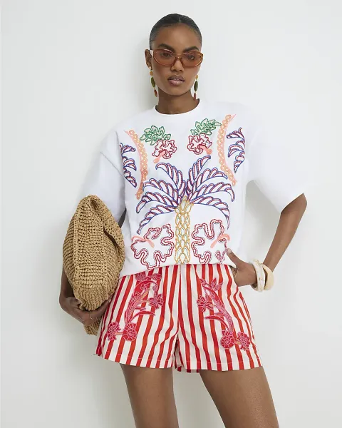 River Island Cotton Tropical Embroidered T-Shirt