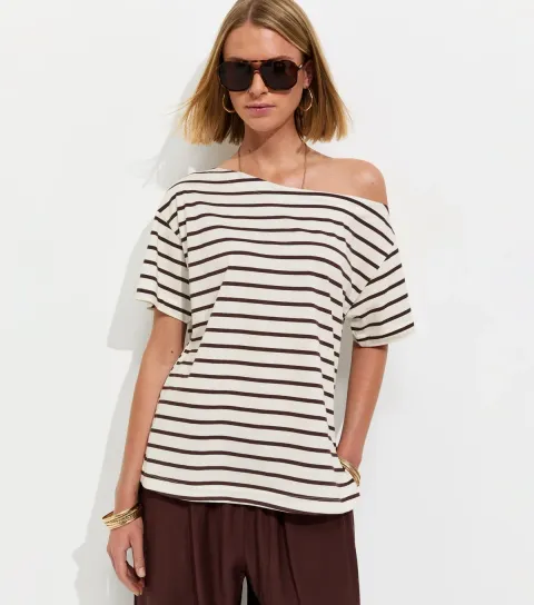 Women's White Striped Cotton Off The Shoulder T-Shirt