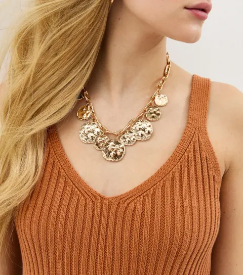 Gold Tone Hammered Disk Chain Necklace