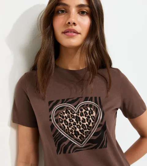 Women's Dark Brown Cotton Foil Heart Relaxed T-Shirt