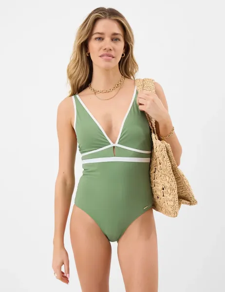 Accessorize Trim Detail V-Neck Plunge Shaping Swimsuit Khaki