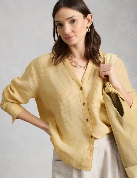 White Stuff Pure Linen Striped Button Through Shirt Yellow Mix