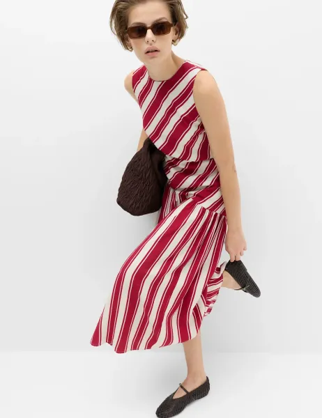 Marks & Spencer Striped Midaxi Drop Waist Dress Red Mix