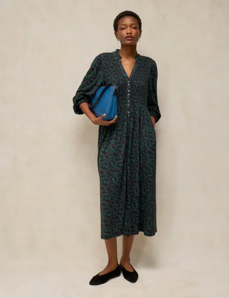 White Stuff Ada Cotton Blend Shirred Notch Neck Midi Dress Black
