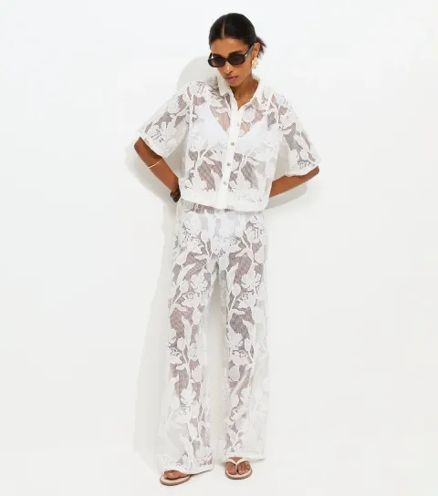 Women's Premium White Embroidered Netted Floral Lace Beach Wide Leg Trousers