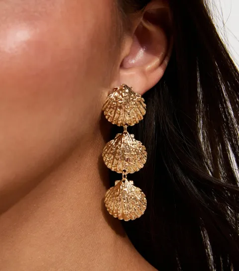 Gold Tone Beaten Shell Drop Earrings