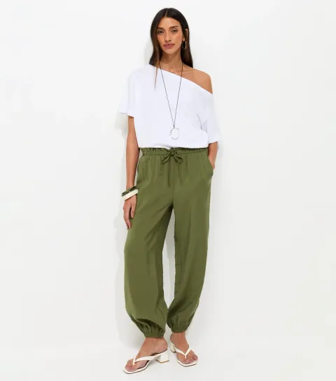 Women's Dark Khaki Tapered Cuff Drawstring Trousers