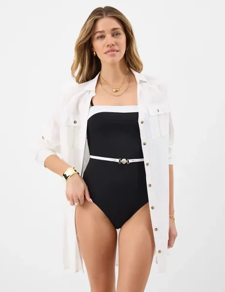 Accessorize Monochrome Belted Shaping Swimsuit White/Black
