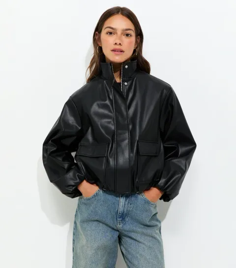 Women's Petite Black Faux Leather Funnel Neck Flap Pocket Jacket