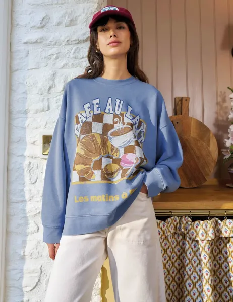 White Stuff Cotton Rich Graphic Longline Sweatshirt Blue Mix