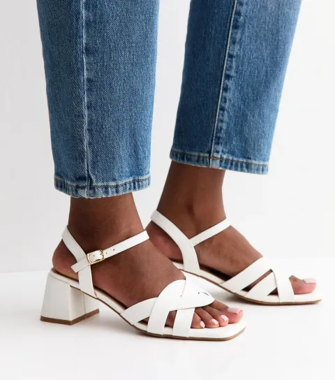 Women's White Faux Leather Interwoven Low Block Heel Sandals Vegan