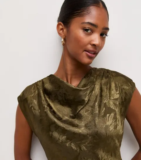 New Look Women's Dark Khaki Floral Jacquard Cowl Neck Top