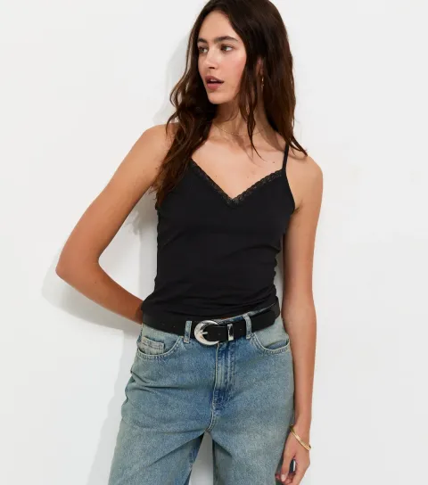 Women's Black Lace Trim V-Neck Cami Top