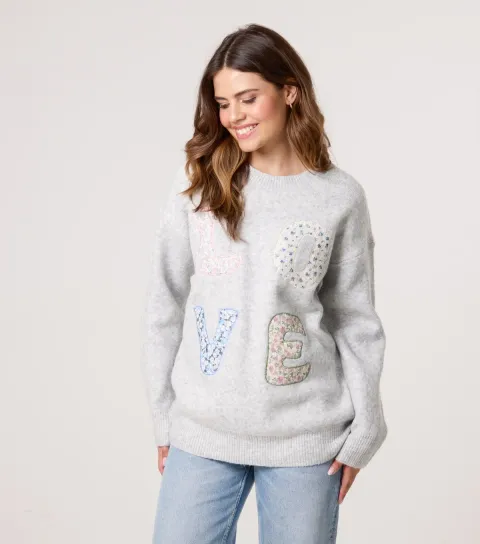 Women's Mid Grey Floral Love Appliqué Jumper
