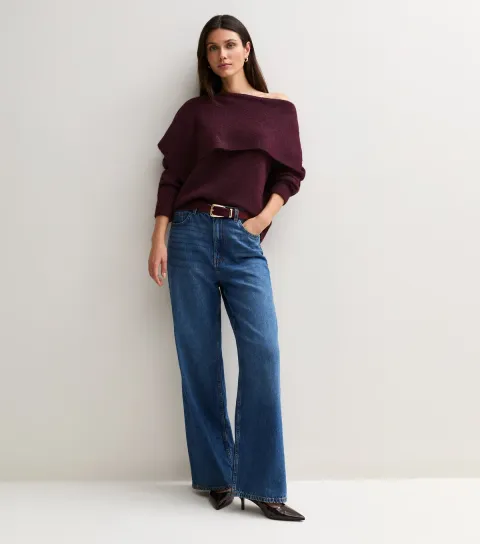 New Look Women's Dark Burgundy Asymmetric Collar Bardot Knitted Jumper