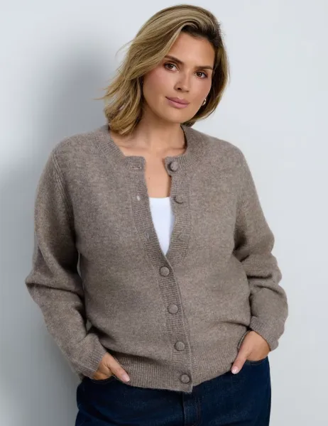 Live Unlimited London Wool Blend Crew Neck Cardigan Oatmeal