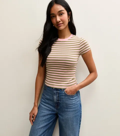 New Look Women's Green Striped Baby Tee T-Shirt