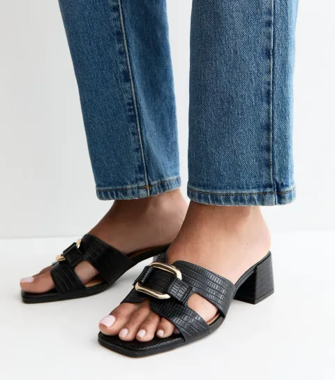 Women's Black Faux Leather Square Toe Block Heel Mule Sandals Vegan
