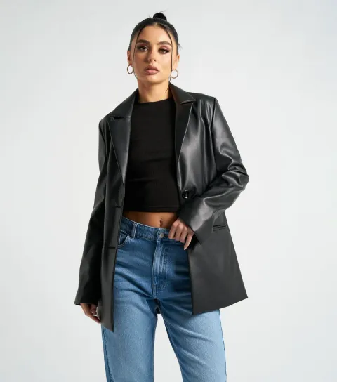 Women's Black Leather-Look Blazer