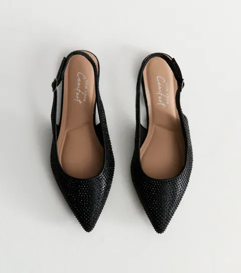 New Look Women's Black Embellished Slingback Flats Vegan