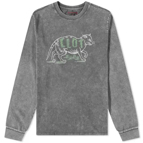 Long Sleeve Acid Wash Cat Logo T-Shirt