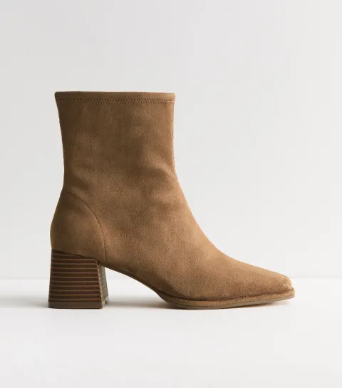 Women's Camel Faux Suede Stacked Heel Ankle Boots Vegan