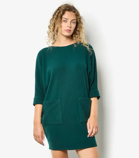 Women's Dark Green Contrast Ribbed Cocoon Dress