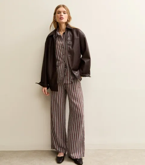Women's Brown Striped Drawstring Wide Leg Trousers