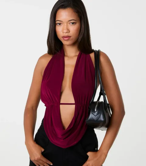 Women's Dark Red Halter Drape Front Tie Back Top