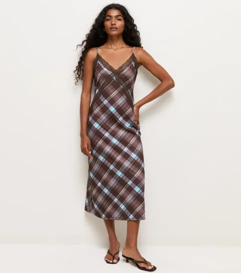 Women's Blue Checked Lace Trim Strappy Midi Slip Dress