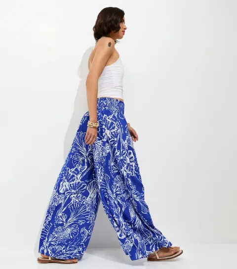 Women's Blue Shell Print Palazzo Trousers