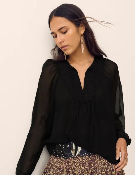 Per Una Chiffon Beaded Tie Neck Blouse Black