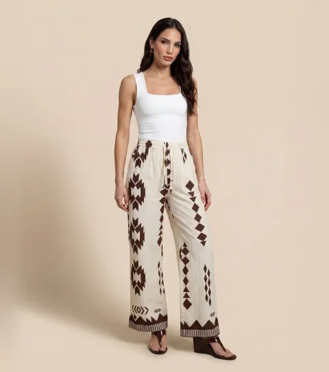 Women's Brown Geometric Print Wide Leg Trousers