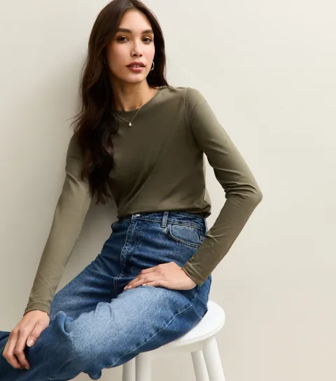 Women's Dark Khaki Long Sleeve Crew Neck Top